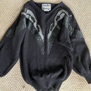 Vintage Pioneer Wear black sweater with V neck beading leather accents